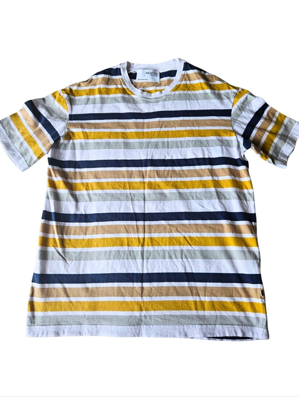 Cotton Blend Short-Sleeve Striped Crew Tee - White, Yellow & Navy
